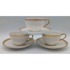 Tressemanes Voght Limoges 8414 Tea Cups Saucers Gold Set Of 3 T&V France